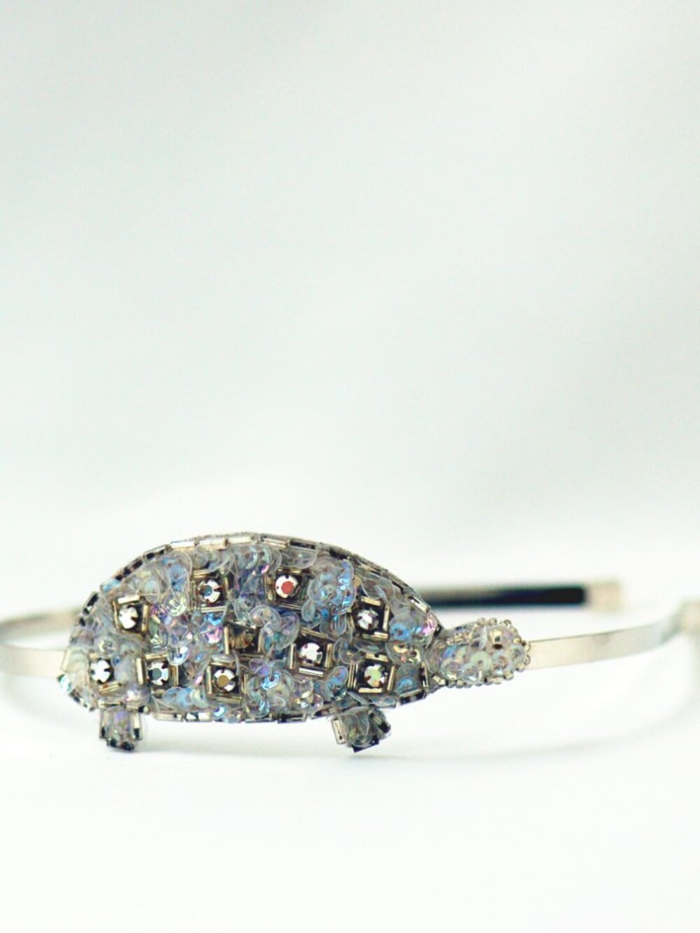 Winter white headband - Turtle shaped white sequin applique with rhinestones